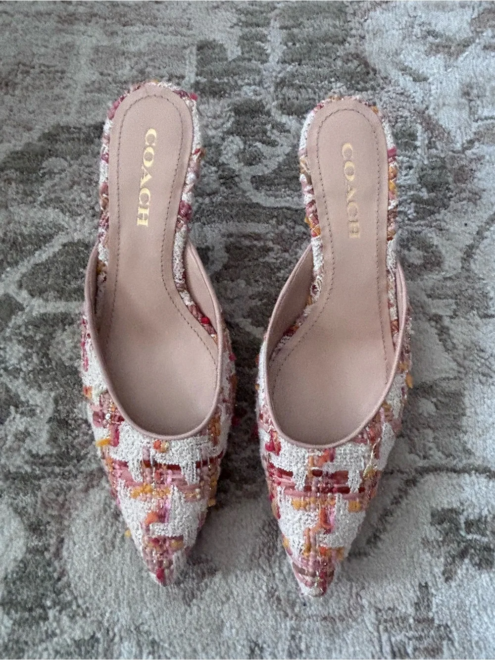 Coach Renn Tweed Kitten Heel Pointed Toe Mules in Pink and Yellow Size 8